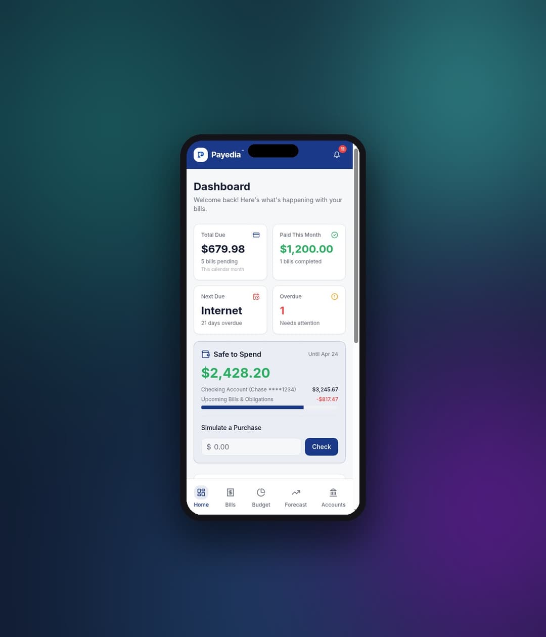 Payedia mobile app dashboard showing Safe to Spend balance and bills